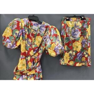 Vnt Pantagis Skirt Floral Puff Top Set 80s 90s Balloon Sleeve Satin Med 6 Belt